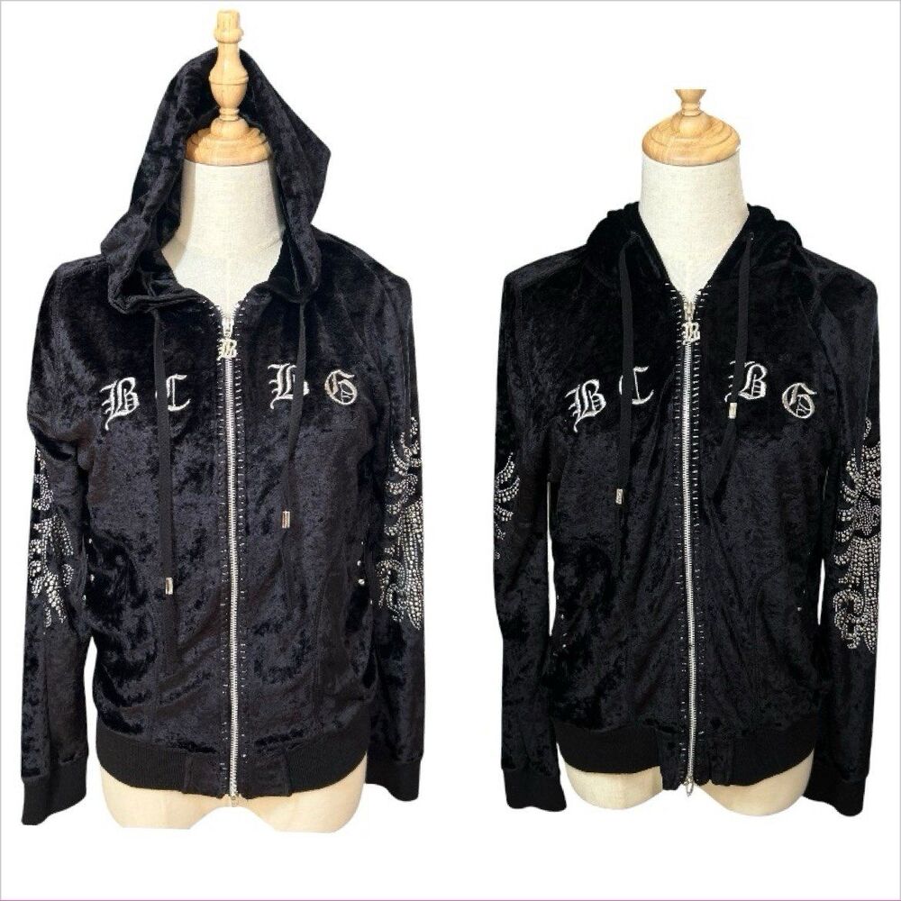 Y2K BCBG Black Velvet Rhinestone Zip Up Hoodie Y2K Gothic McBling Studded Sz XL